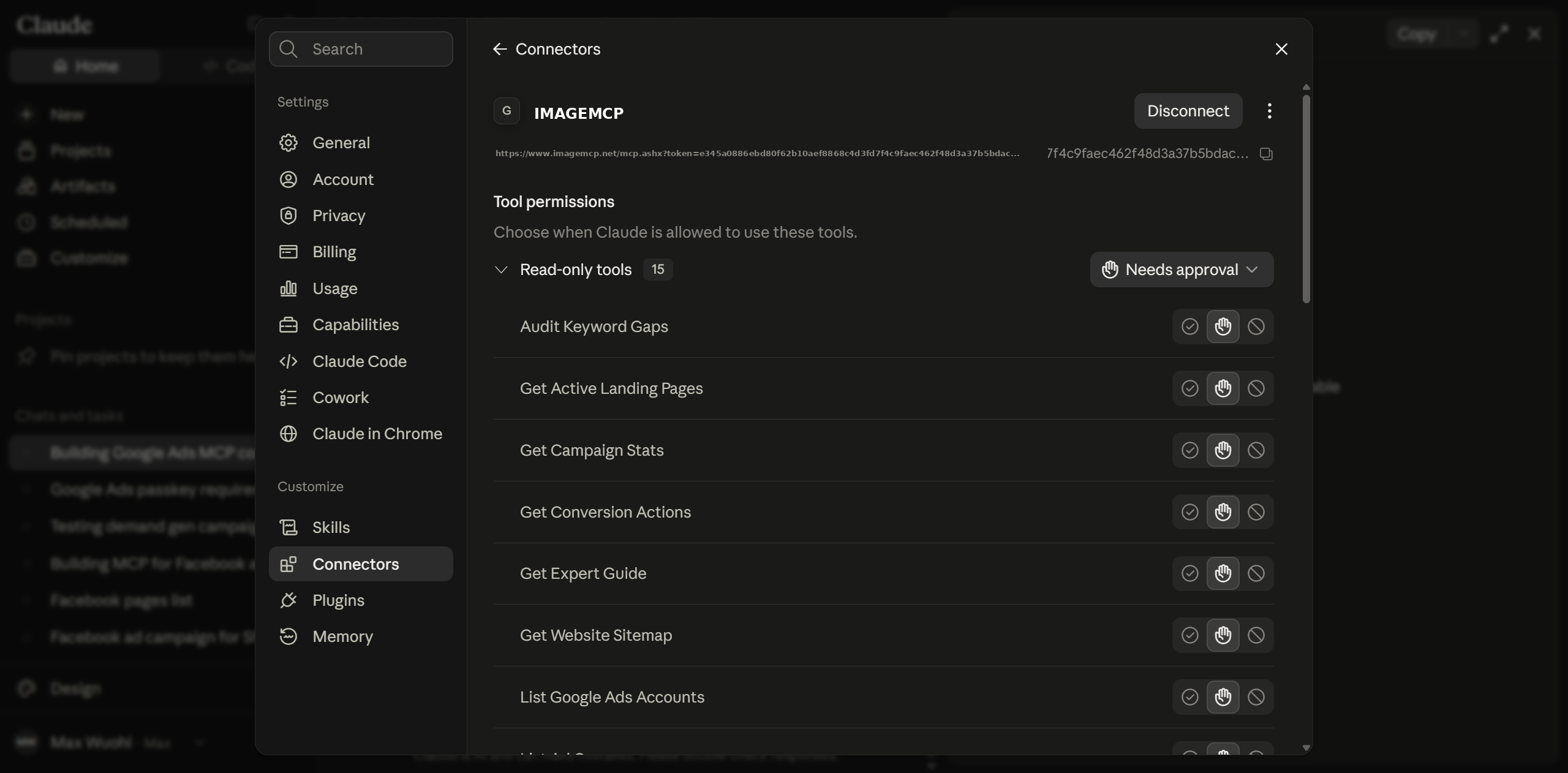 Claude Add custom connector dialog — paste your ImageMCP URL