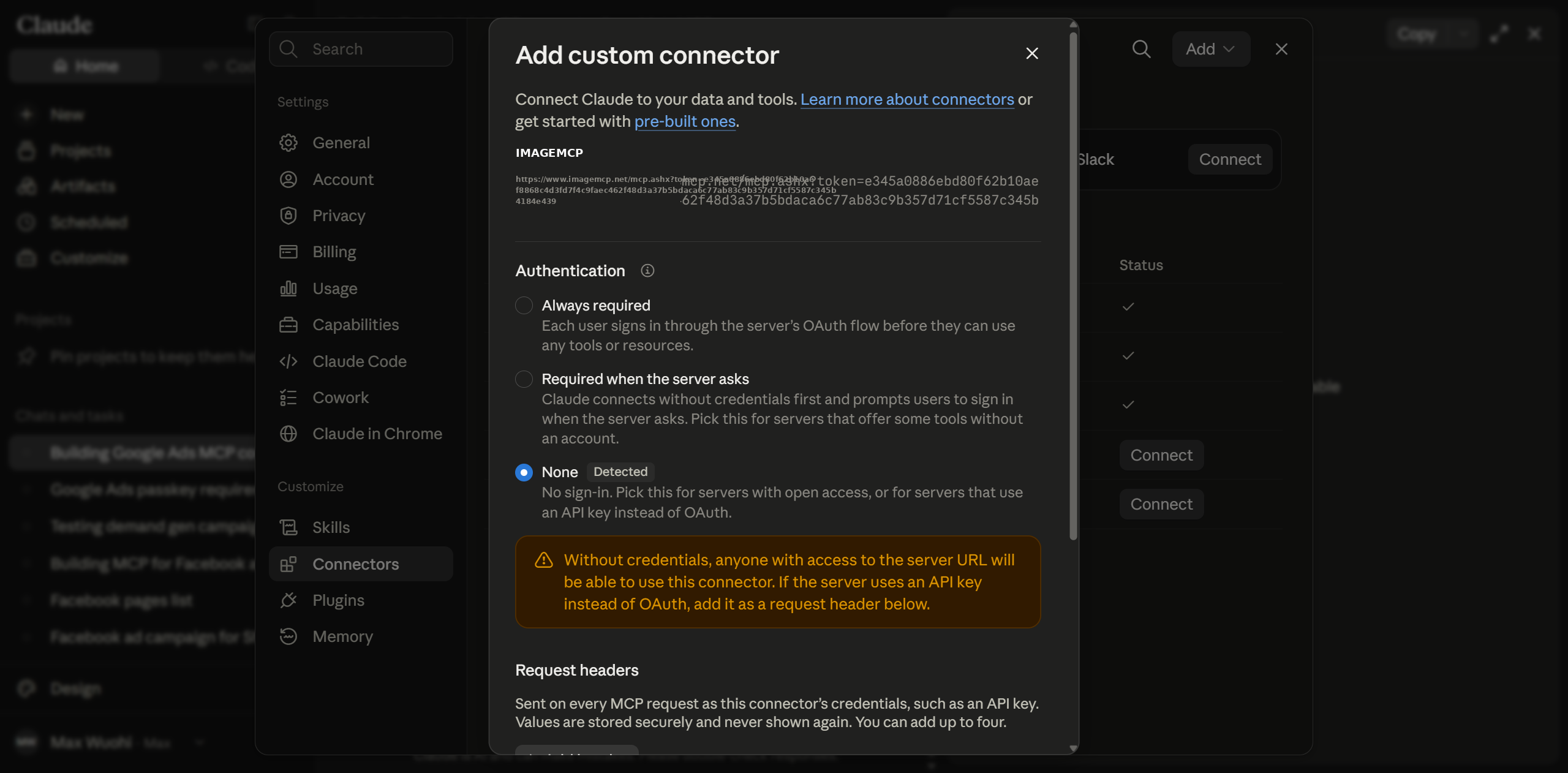 Claude connector screen showing Connect button